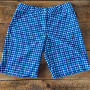 Nike Stretch Dri-Fit Womens Golf Shorts Gingham Blue Purple Buttons Pockets 12